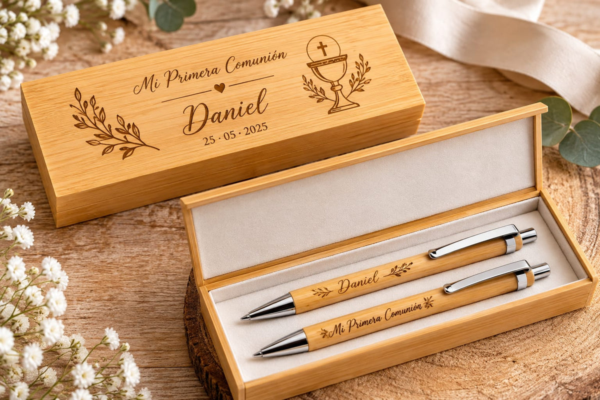 Estuche de bambú con 2 bolígrafos personalizado